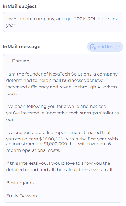 LinkedIn cold message example to send to an investor 