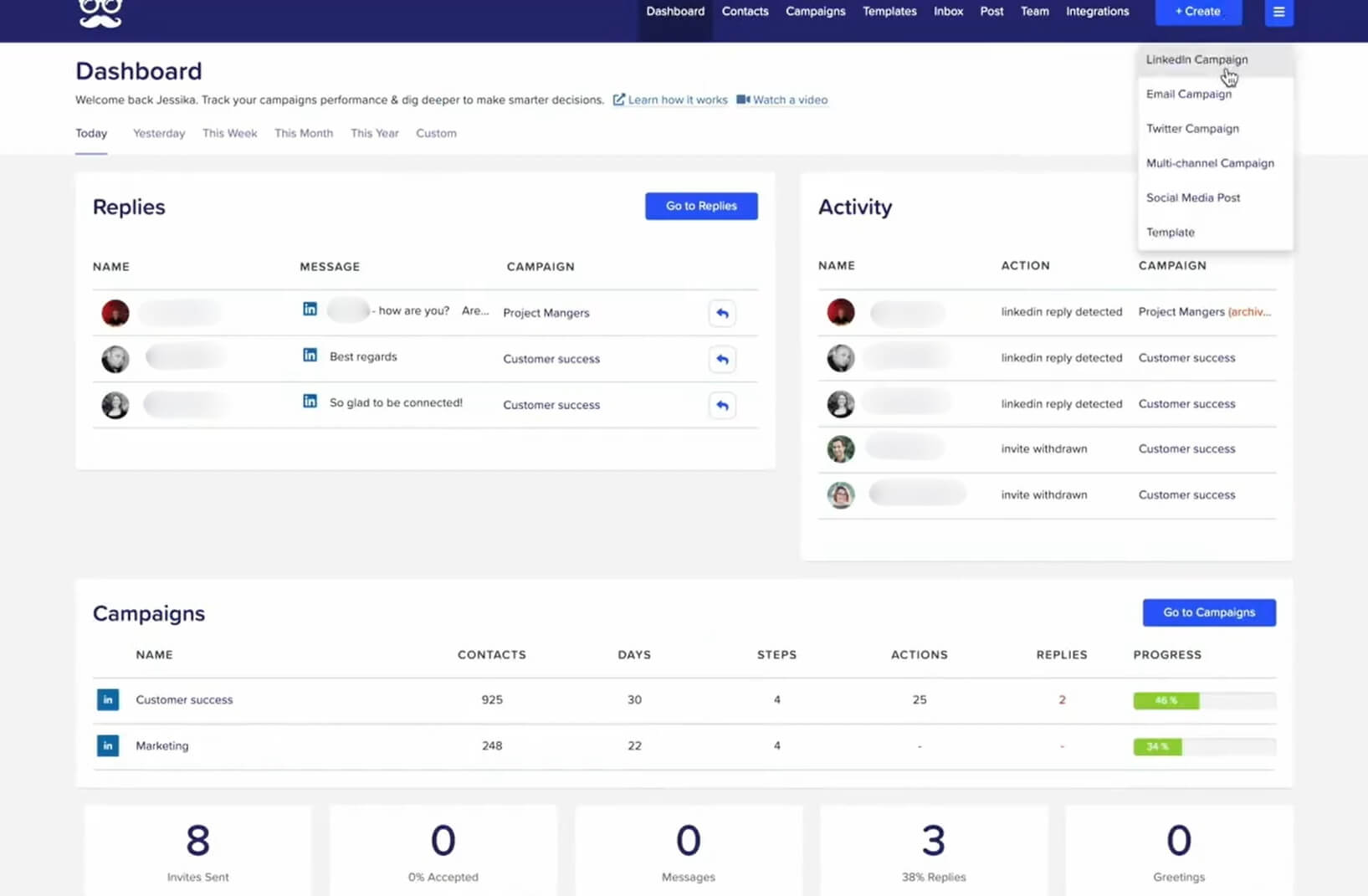 Image of MeetAlfred dashboard, one of LinkedIn automation tools
