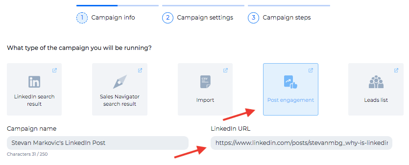 Image of campaign creation in Skylead, sales engagement platform from leads that engaged with post