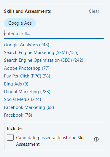Image of Skills and Assessments filter in LinkedIn Recruiter, Filter to find employees 