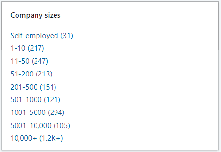 Image of Company sizes filter in LinkedIn Recruiter search filters