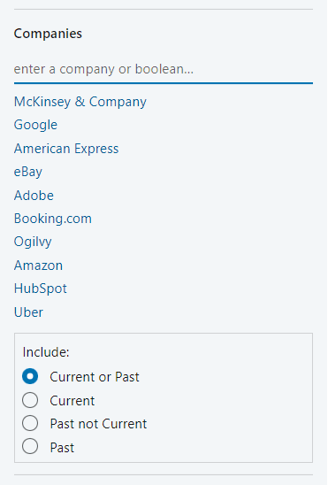 Image of Companies filter in LinkedIn Recruiter for recruiters to find employees