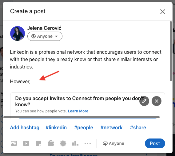 Find leads on LinkedIn, Image of creating a poll with extra appealing introduction