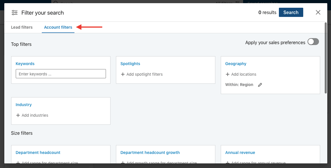 Finding leads using custom lists, image of account filters button
