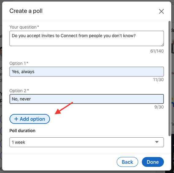 How to create LinkedIn poll, Image of step 3, adding options