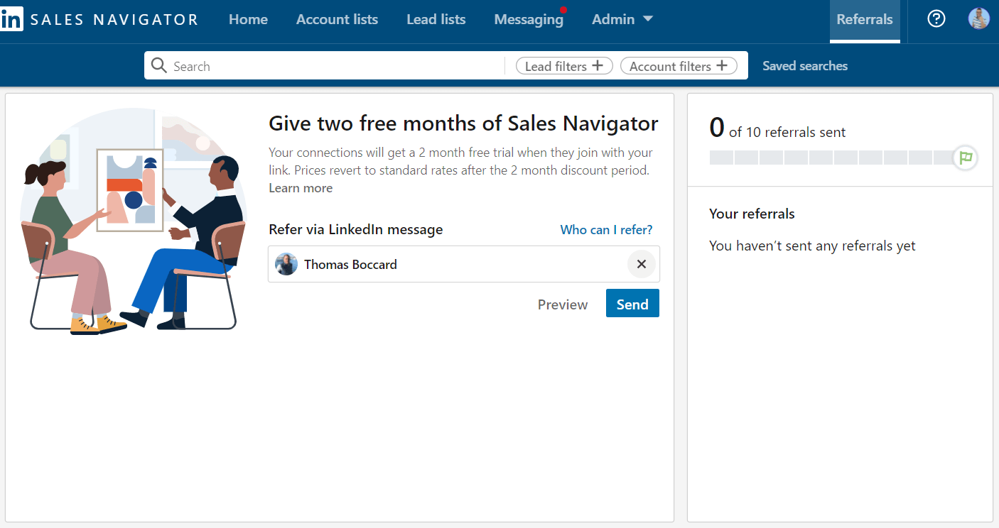 Image of how to refer someone and allow them to use Sales Navigator free for 2 months