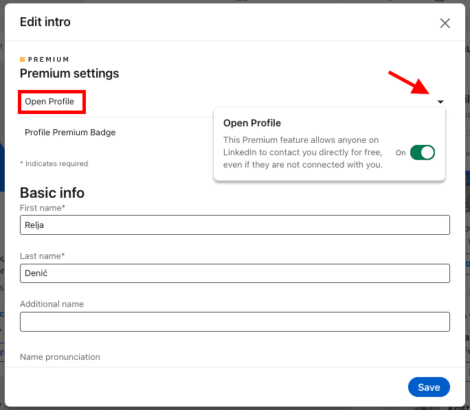 How to set open profile status, option 1, step 2