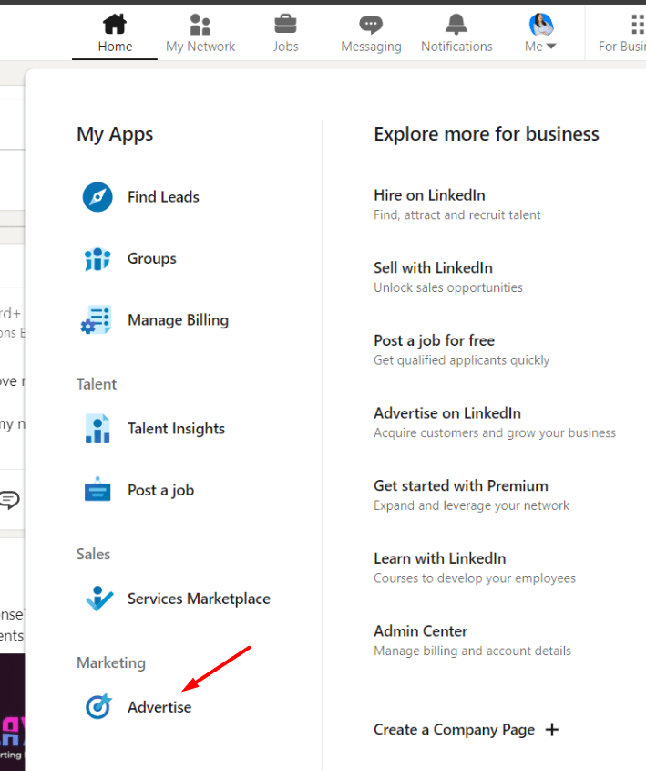 Advertise button in LinkedIn's ''For Business'' menu