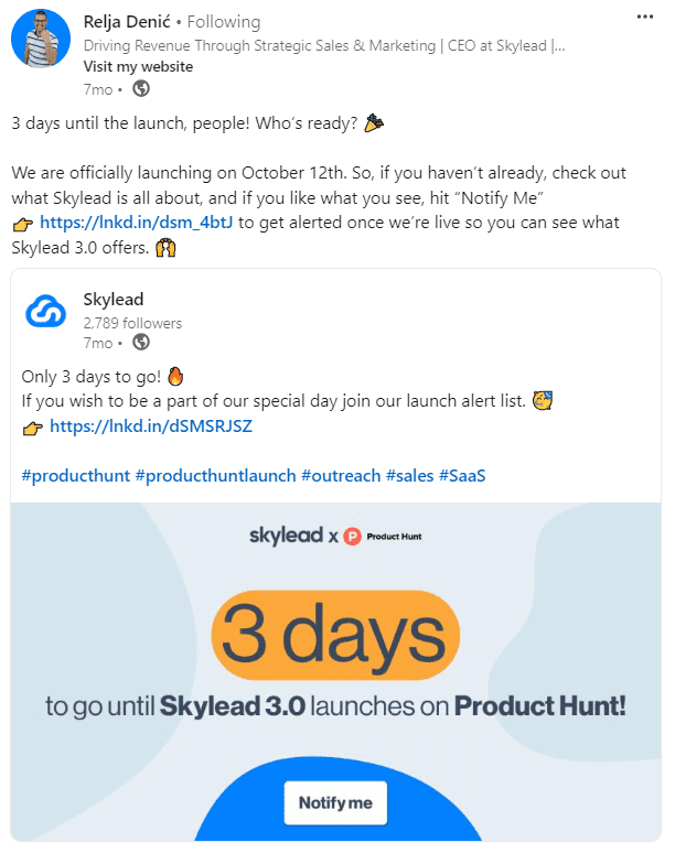 A LinkedIn countdown post reposted by Skylead's CEO ahead of Product Hunt launch serving as an example of how to use LinkedIn for B2b marketing