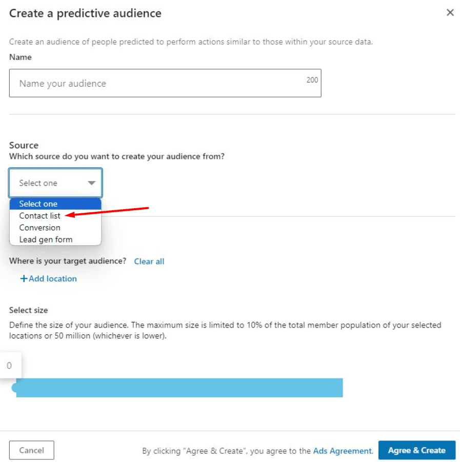 Create a predictive audience pop up menu that appears when using LinkedIn for B2B marketing