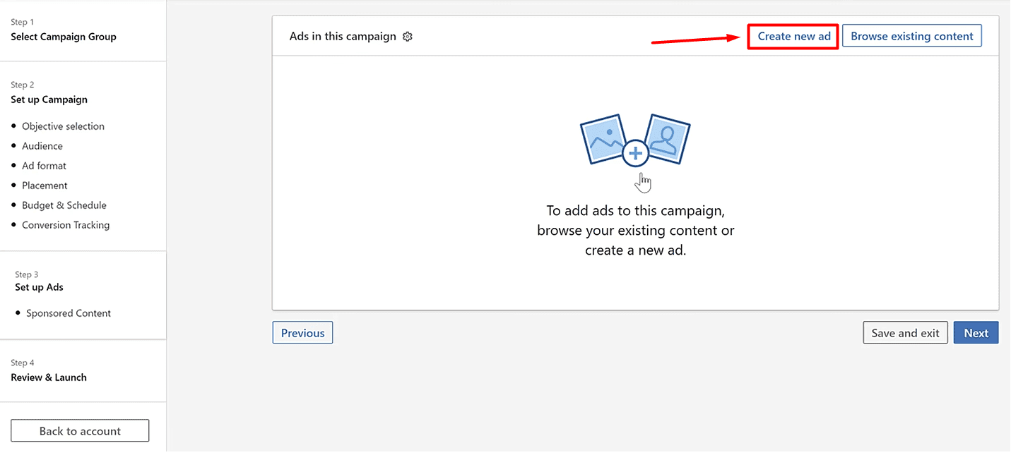 Create new ad button in LinkedIn Campaign Manager