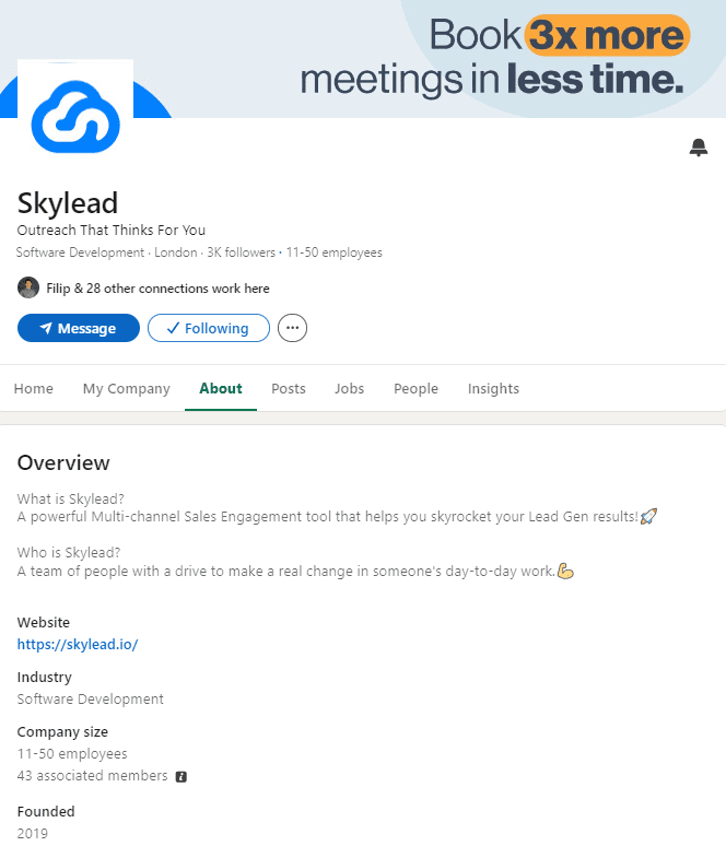 Skylead's company page on LinkedIn serving as an example of how to maximize LinkedIn for B2B marketing efforts