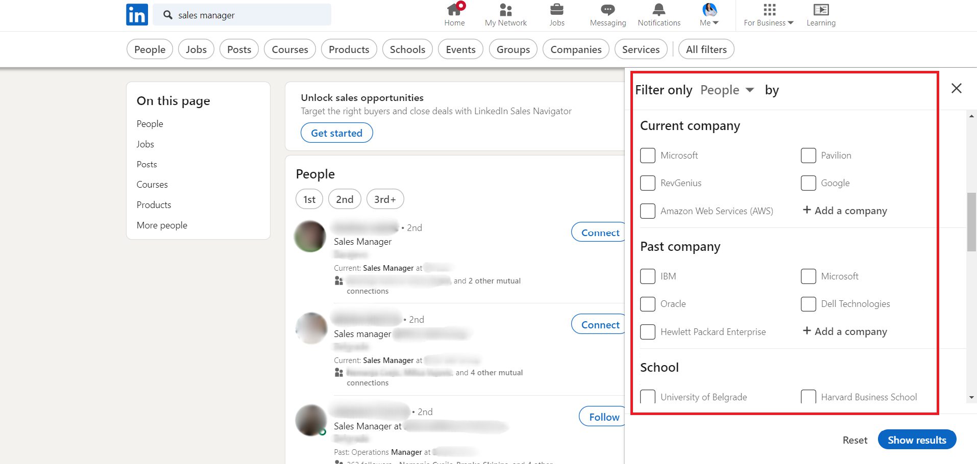 An expanded view of all filters on LinkedIn