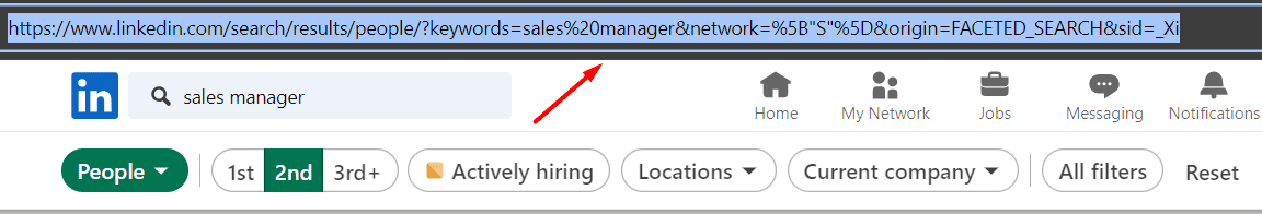 An image of a selected LinkedIn search URL