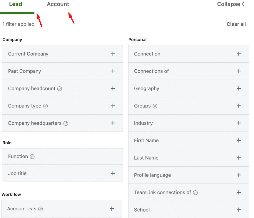 Image of Sales Navigator Lead and Account filters