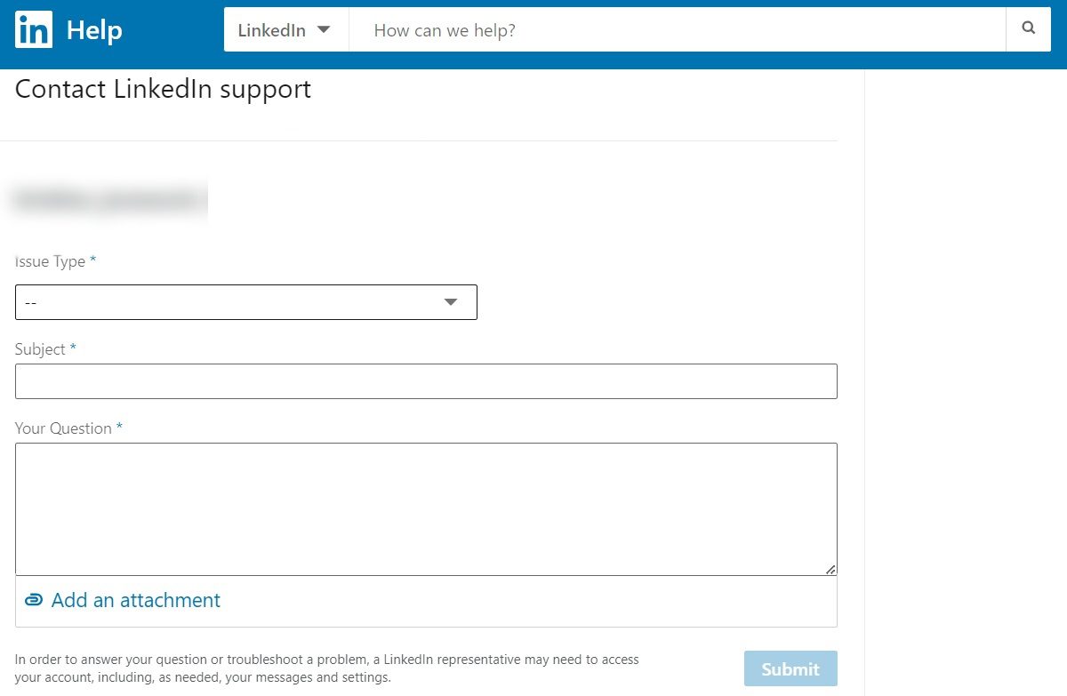 Image of contacting LinkedIn support via form