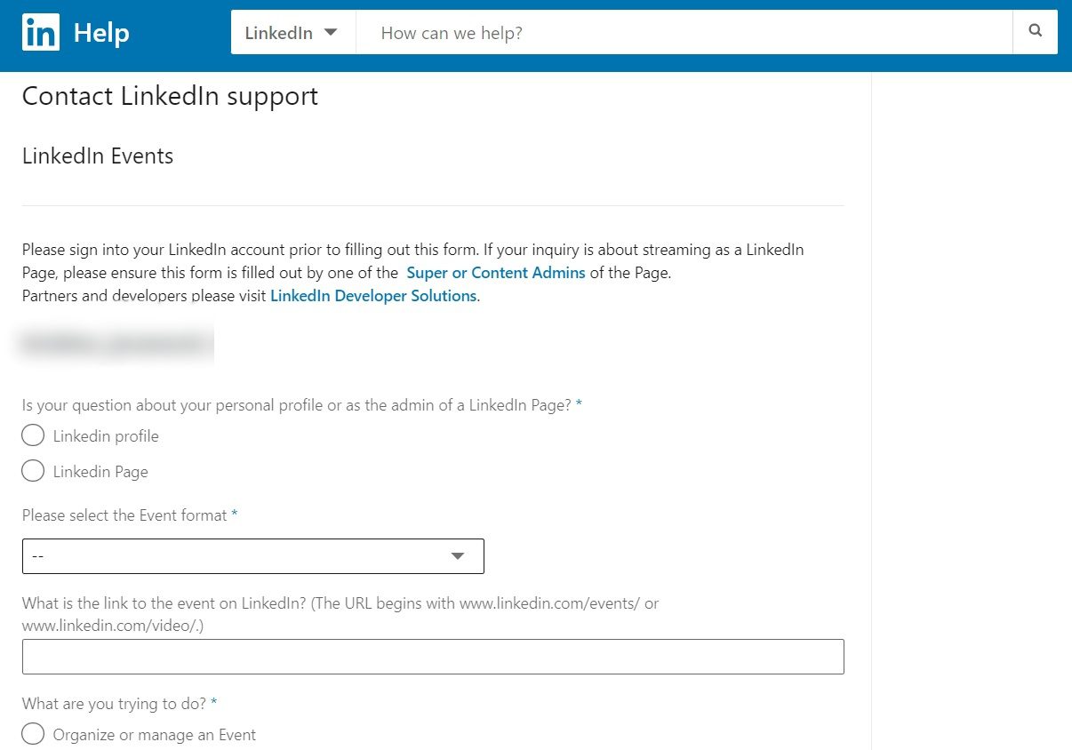 Image of contacting LinkedIn support via live events form