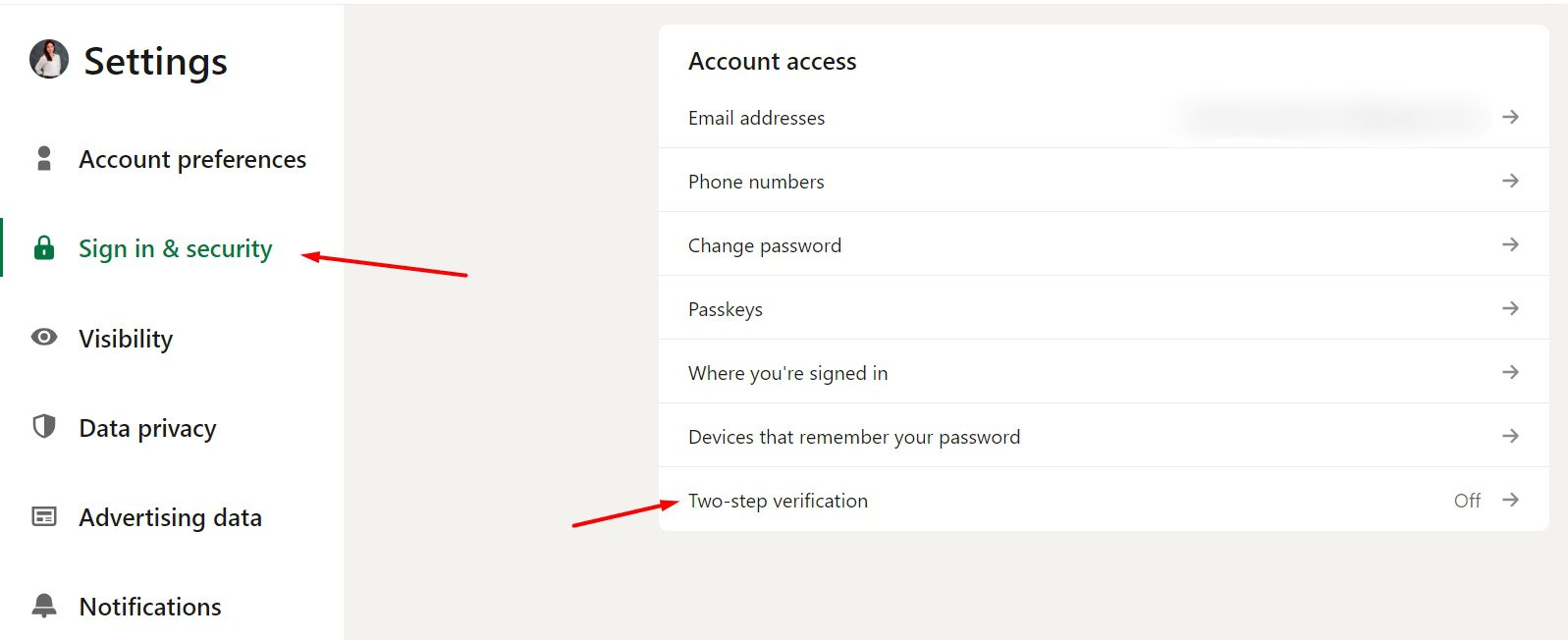 Image of how to turn on 2-step verification on LinkedIn, step 2, go to Sign in & security