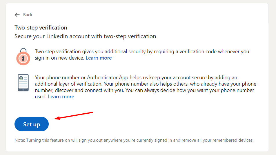 Image of how to turn on 2-step verification on LinkedIn, step 3, click Set up