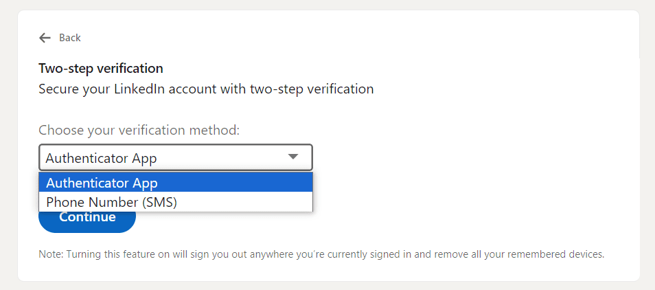 Image of how to turn on 2-step verification on LinkedIn, step5, Choose verification method
