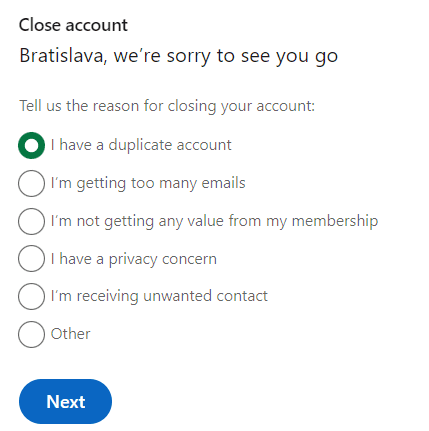 Selecting a reason for account closure - multiple LinkedIn accounts