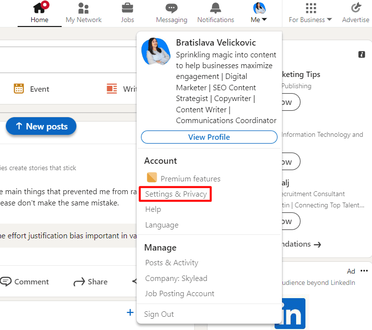 Settings and privacy option in drop down menu on LinkedIn