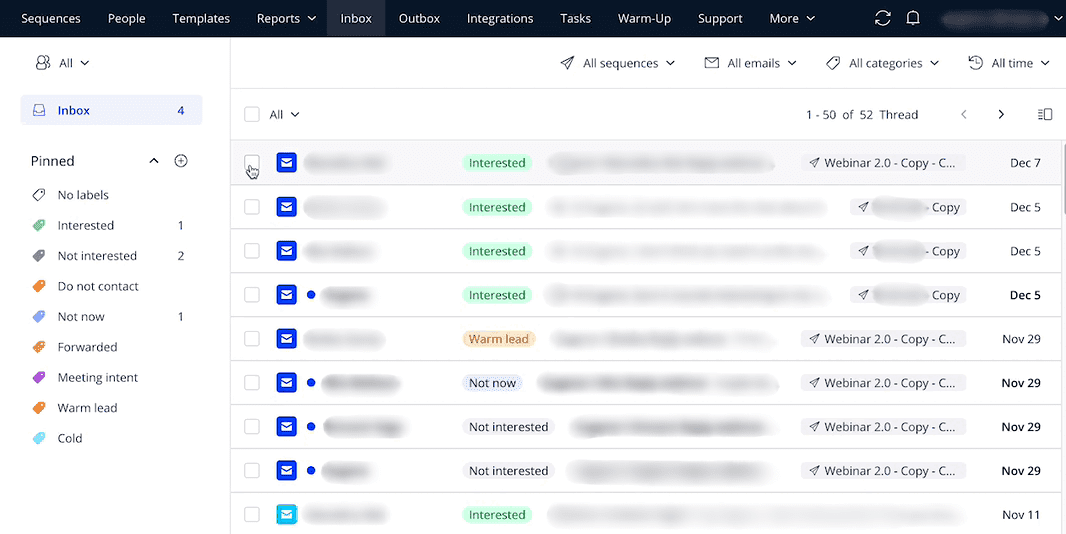 Consolidated inbox in Reply.io
