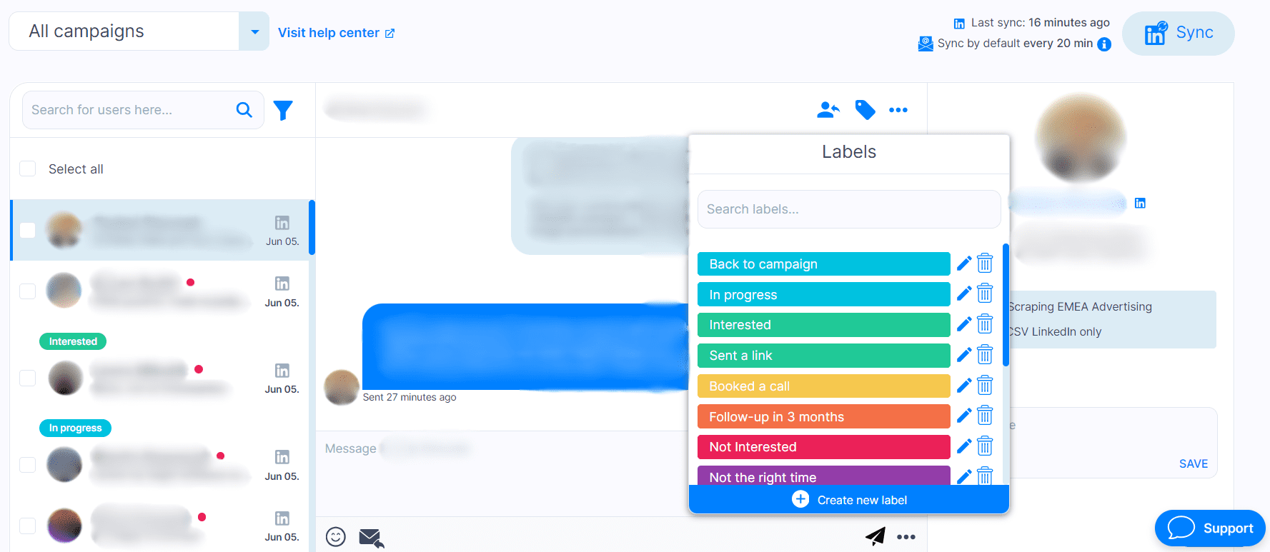 Smart inbox in Skylead with chat labels in focus