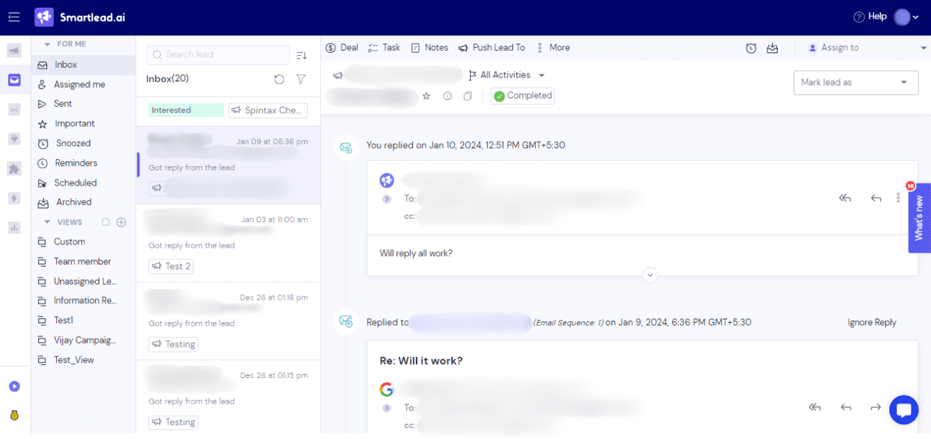 A preview of Unibox aka Master inbox in Smartlead