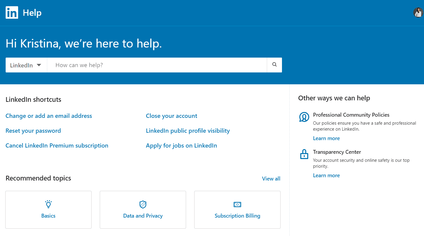 Image of LinkedIn FaQ center to solve issue faster