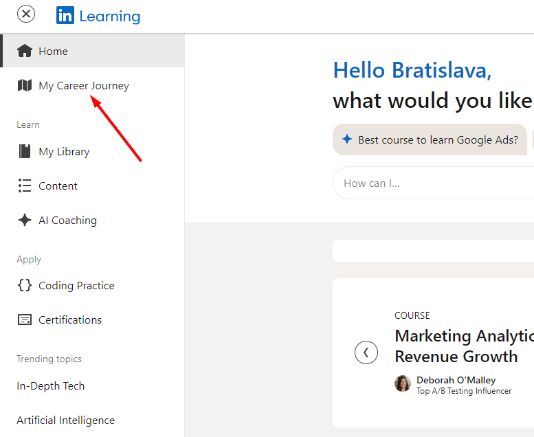 My career journey button in LinkedIn Learning