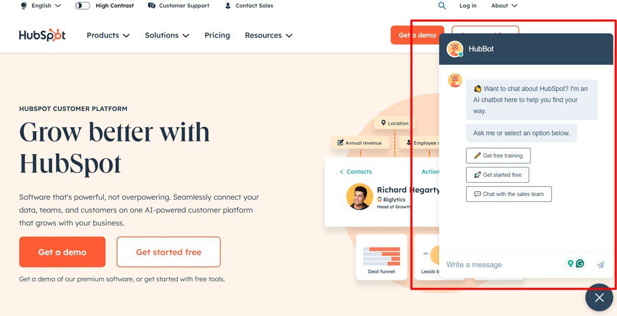 HubSpot homepage with the chatbot highlighted