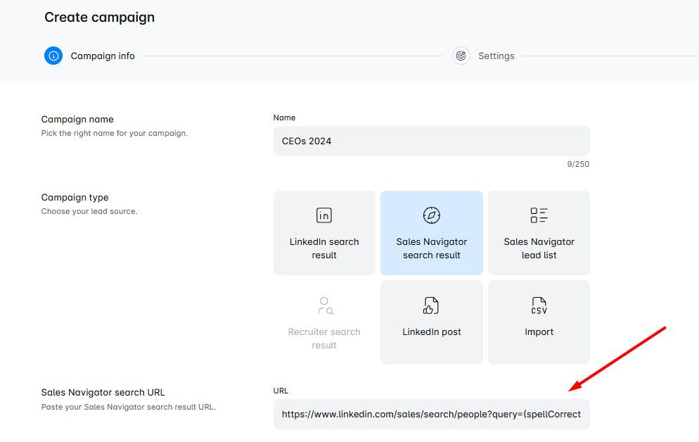 The image showing how a Sales Navigator search URL is importer into Skylead, one of the best LinkedIn automation tools