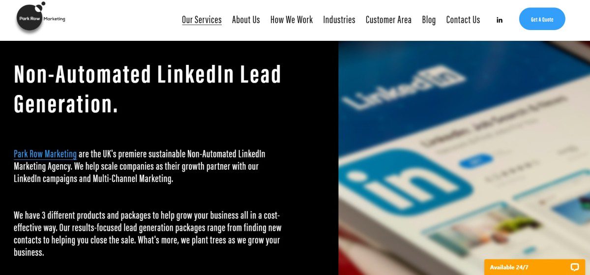 Landing page of an agency called Park Row Marketing that provides white label LinkedIn lead generation service