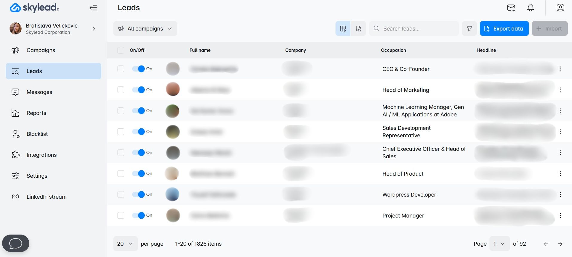 Dashboard of Skylead, one of the white label LinkedIn lead generation tools