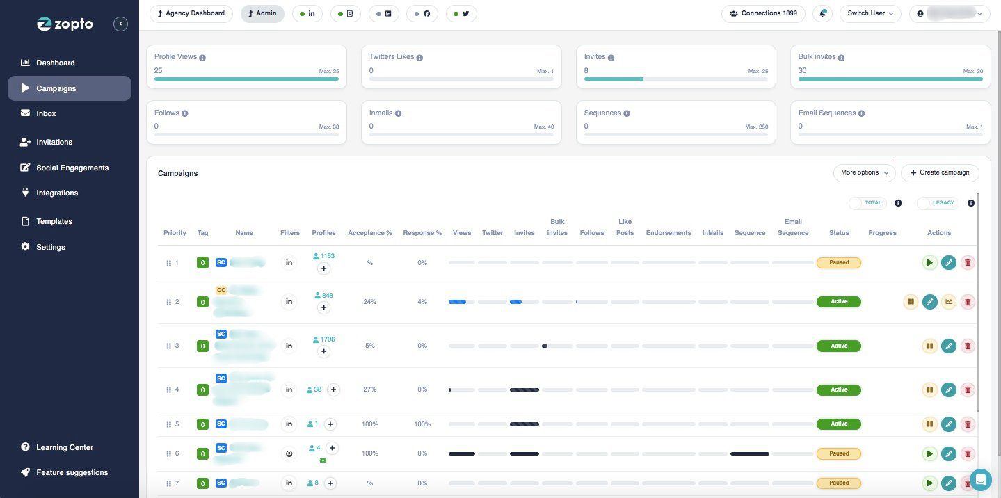 White label LinkedIn lead generation tool Zopto and its dashboard