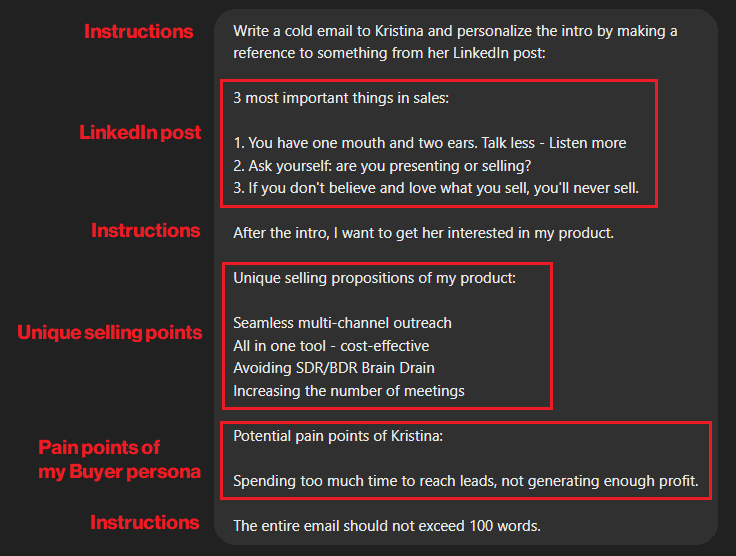 Chat GPT for sales messsage prompt from a LinkedIn post