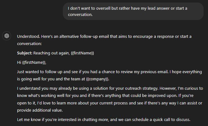 Chat GPT for sales following up and its response