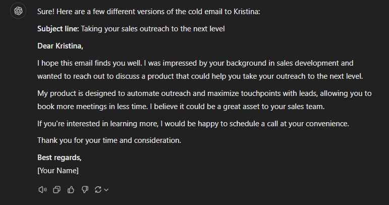 Regenerated cold email by Chat GPT after attaching a LinkedIn profile