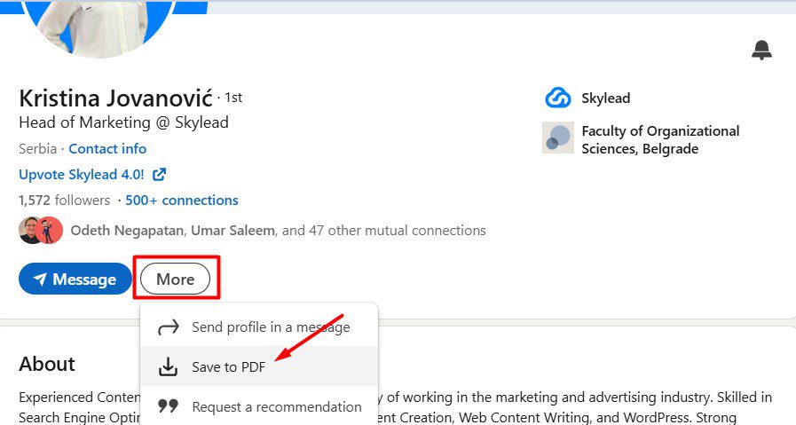 Download Profile as PDF option on LinkedIn