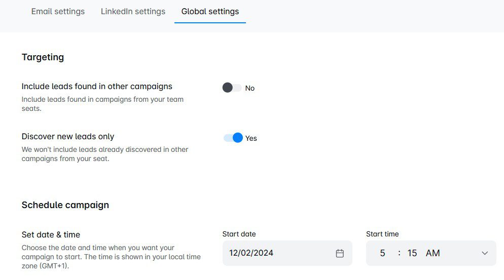 Skylead's global campaign settings