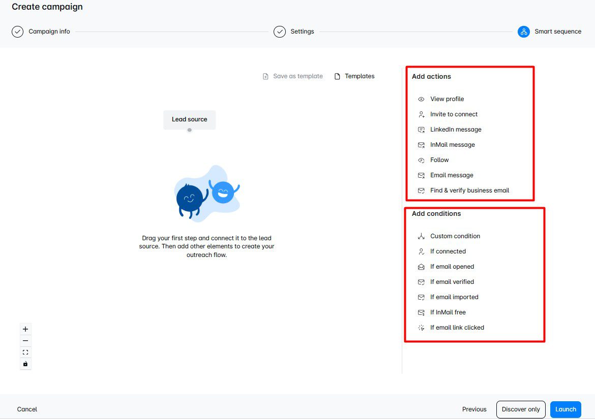 Actions and conditions to add to a Smart sequence in Skylead while executing a LinkedIn sales strategy